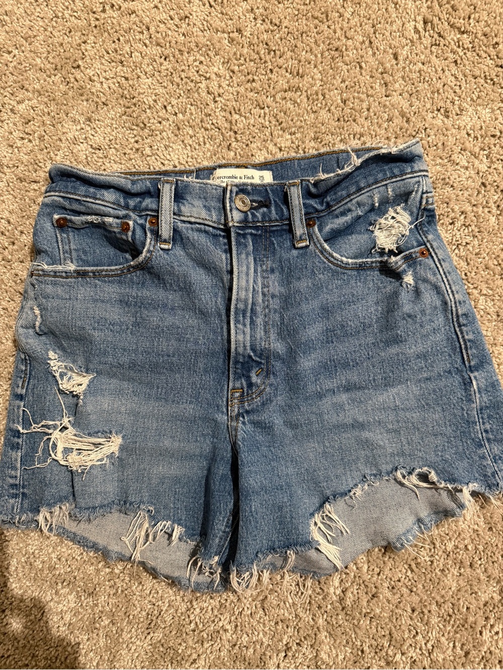 Abercrombie & Fitch Distressed Medium Blue Denim 4” MOM Short High Rise